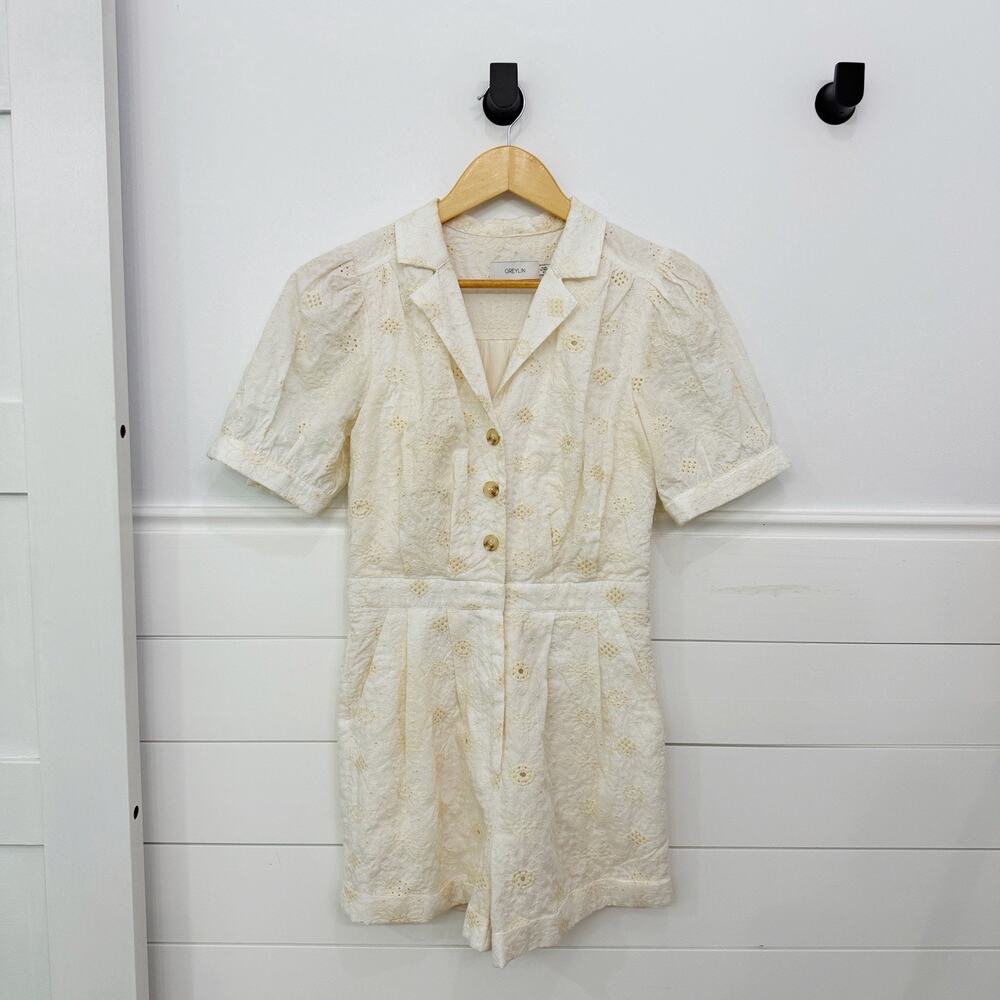 GREYLIN Ivory Floral Eyelet Collared Button Front Romper Pockets XS